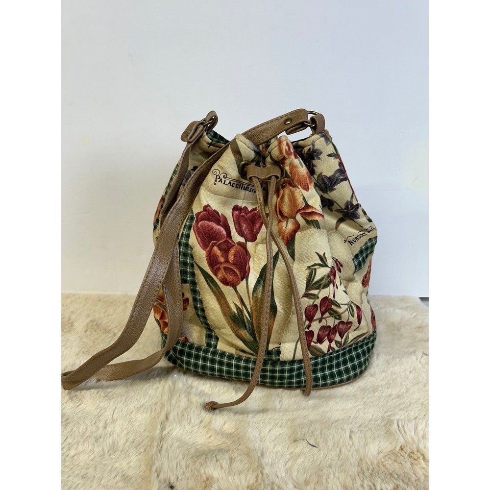 Vintage Floral Tapestry Bucket Bag Drawstring Shoulder Purse Green Plaid Trim